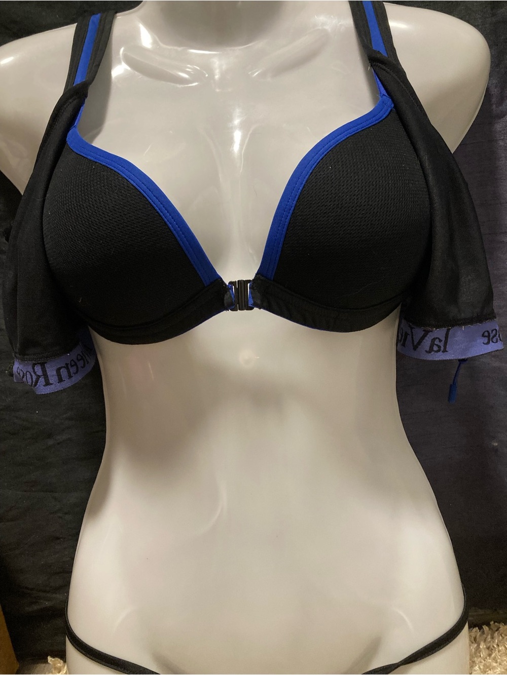La Vie en Rose Front Zip Sports Bra Medium Gray Blue High Impact Activewear